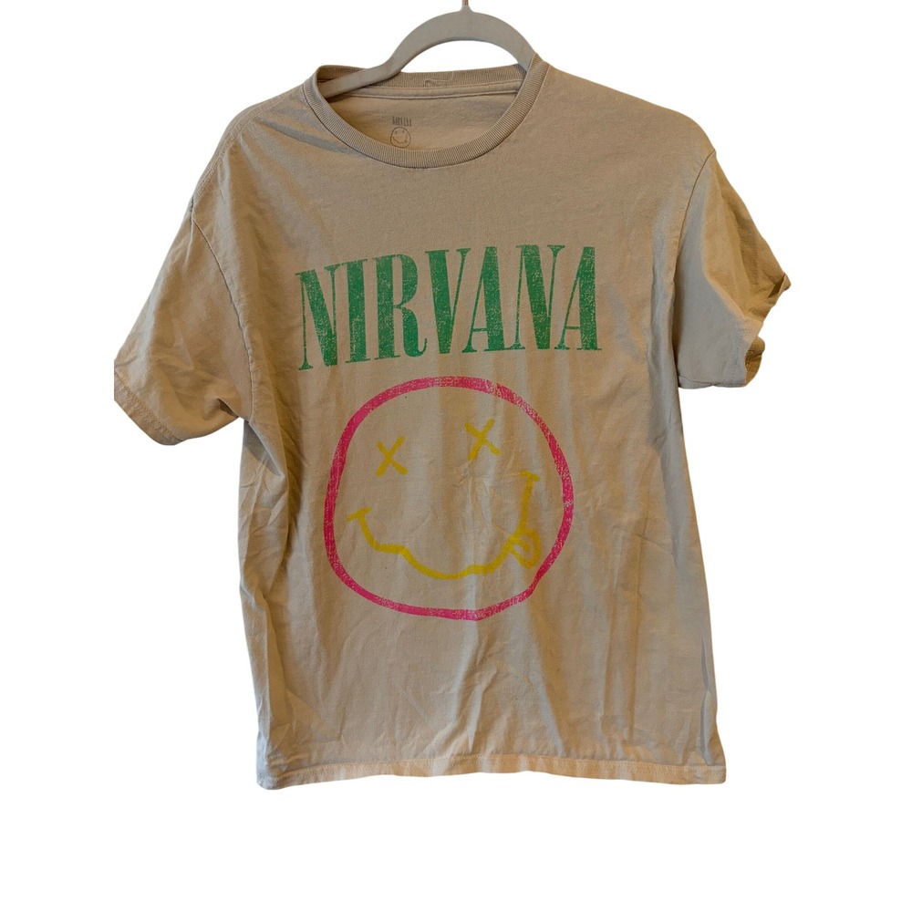 Nirvana Graphic T-Shirt Tan Smiley Face Band Tee Medium Short Sleeve Cotton